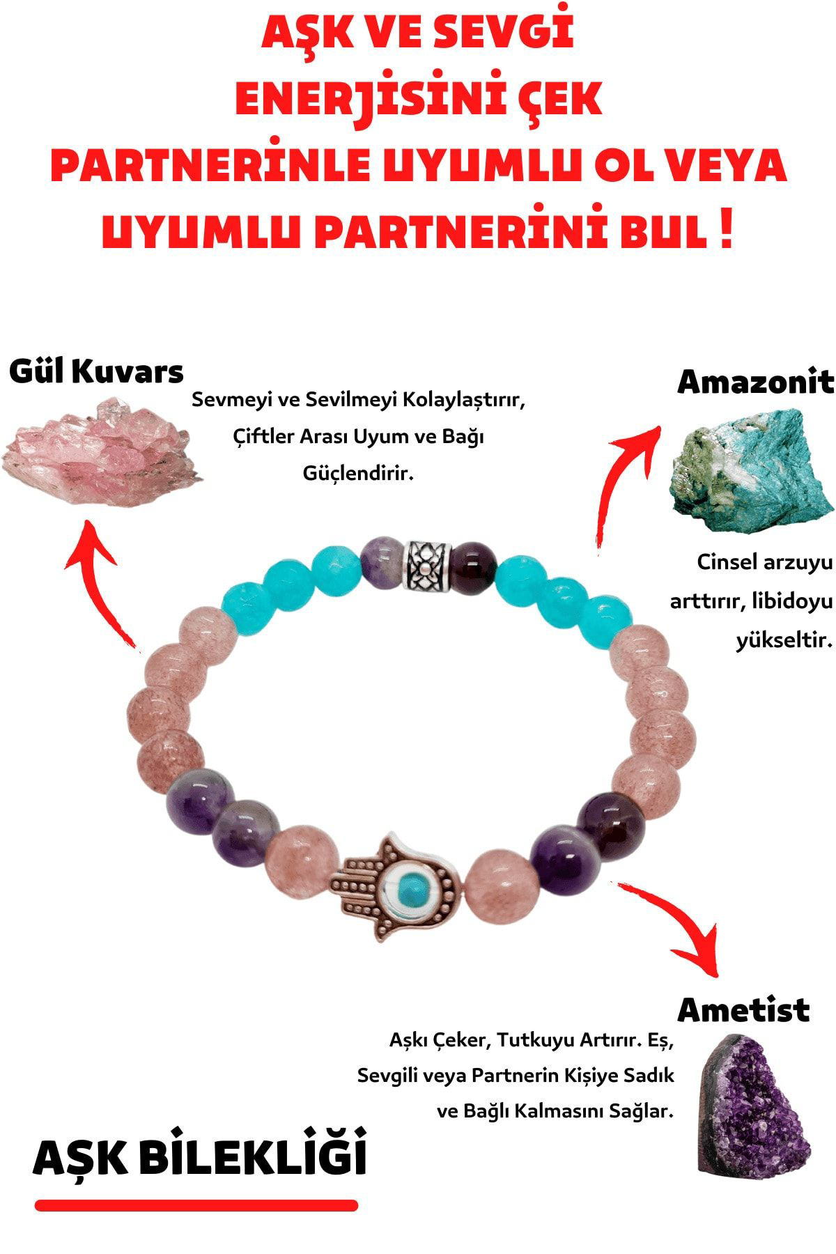Doğal Taş Aşk, Sevgi Çiftler Arası Uyum Bilekliği Ametist Gül Kuv