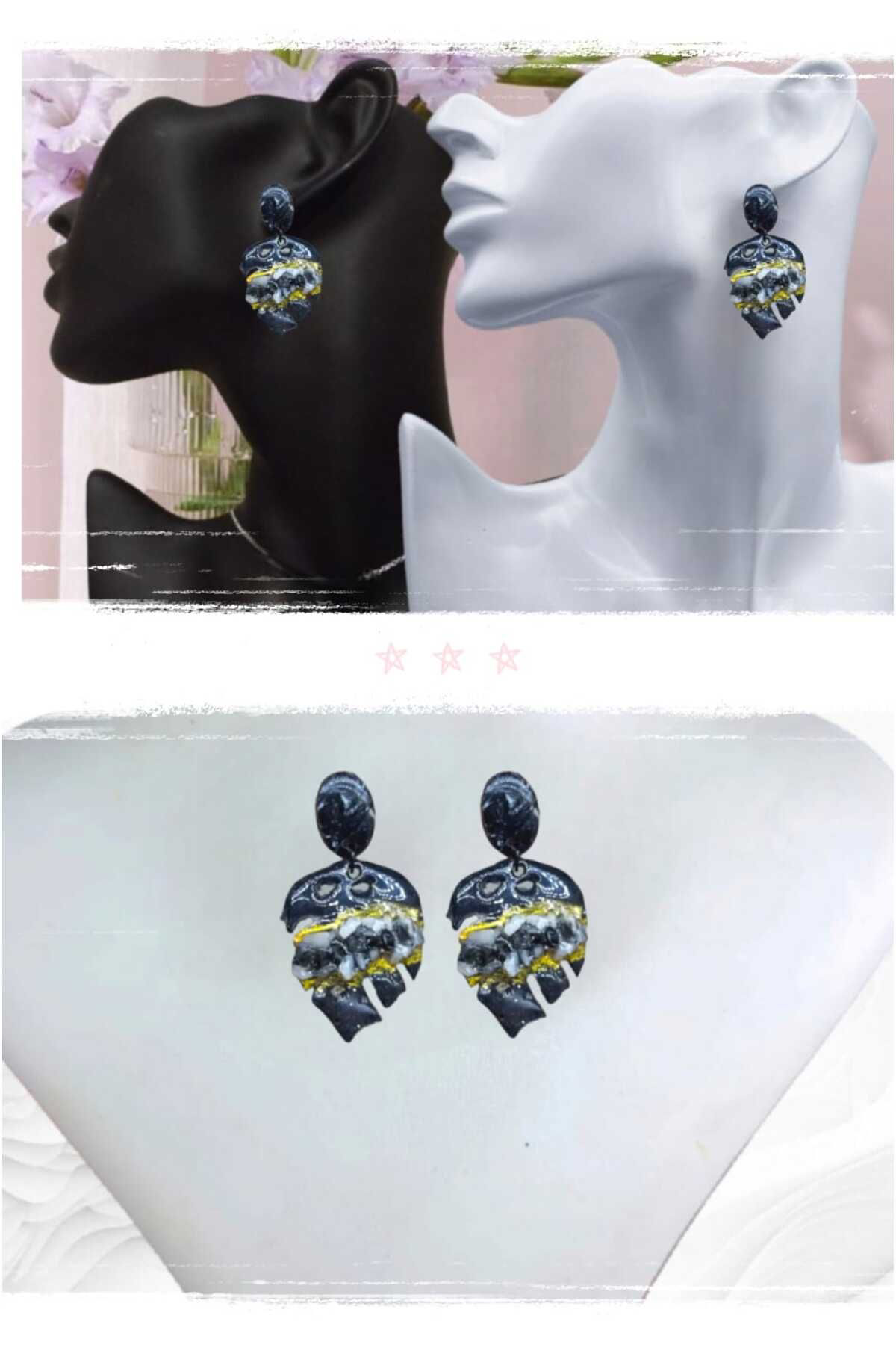 Doğal Taşlı Yaprak Polimer Kil & Epoksi Tasarım Küpe