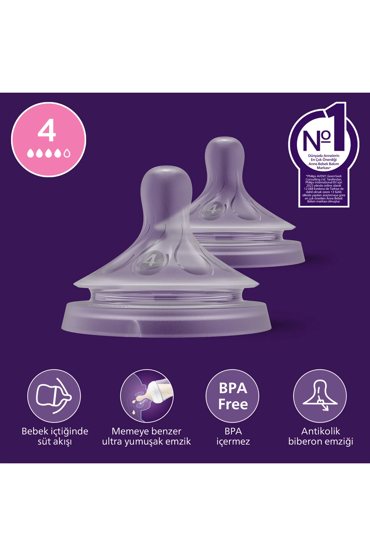 Doğal Tepkili 2'li Biberon Emziği, 4 Numara, SCY964/02