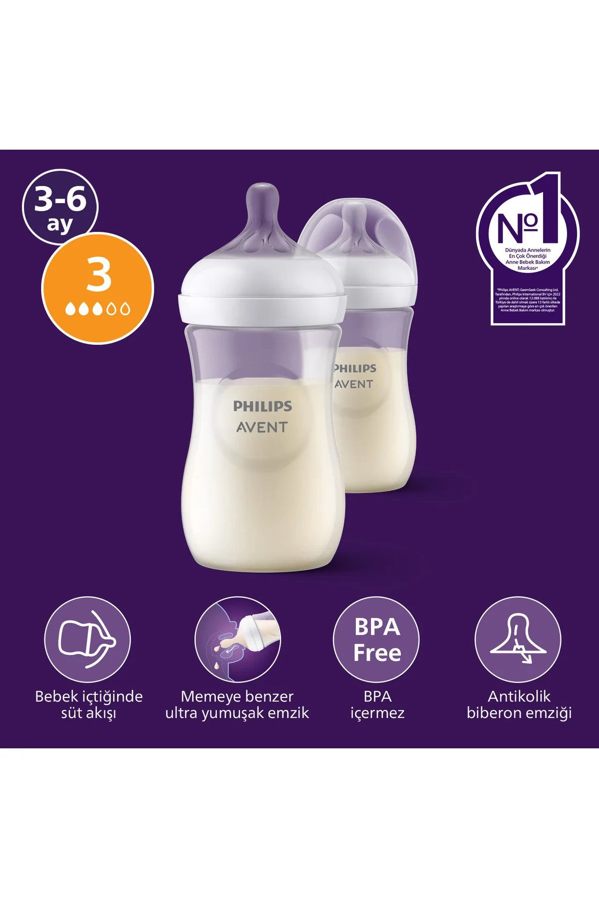 Doğal Tepkili 2'li PP Biberon Seti, 260ml, 3-6 Ay, SCY903/02