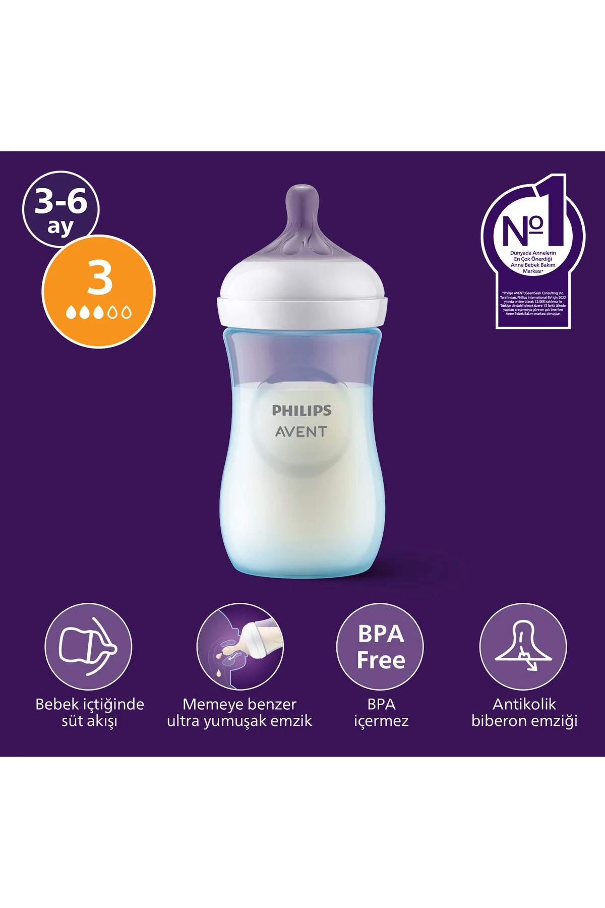 Doğal Tepkili PP Mavi Biberon, 260ml, 3-6 Ay, SCY903/21