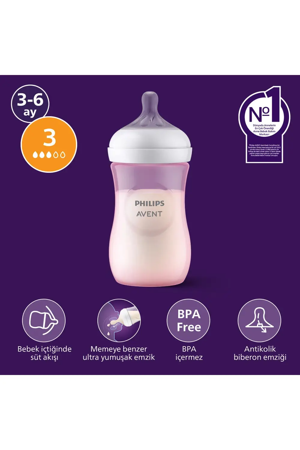 Doğal Tepkili PP Pembe Biberon, 260ml, 3-6 Ay, SCY903/11