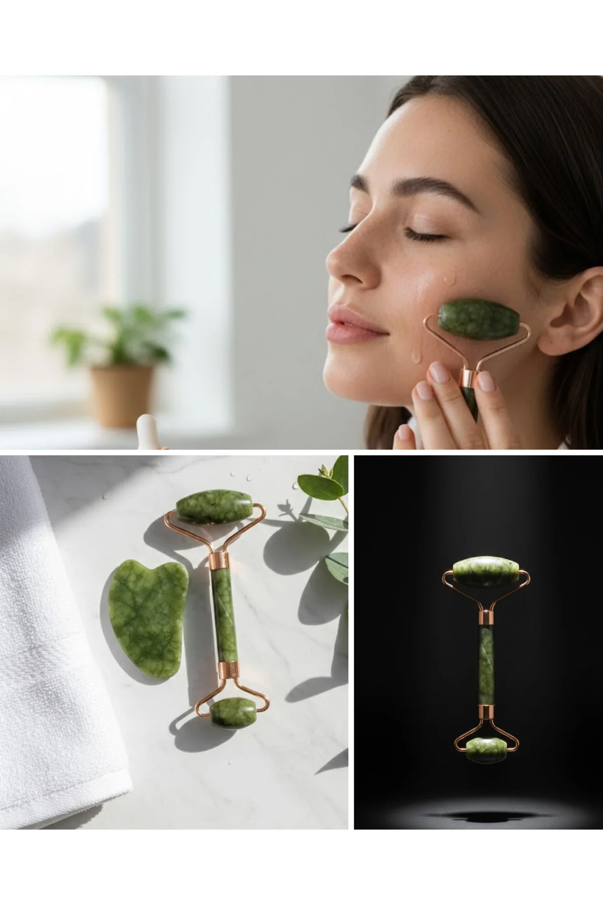 Doğal Yeşim Roller ve Gua Sha Yüz Şekillendirme Seti