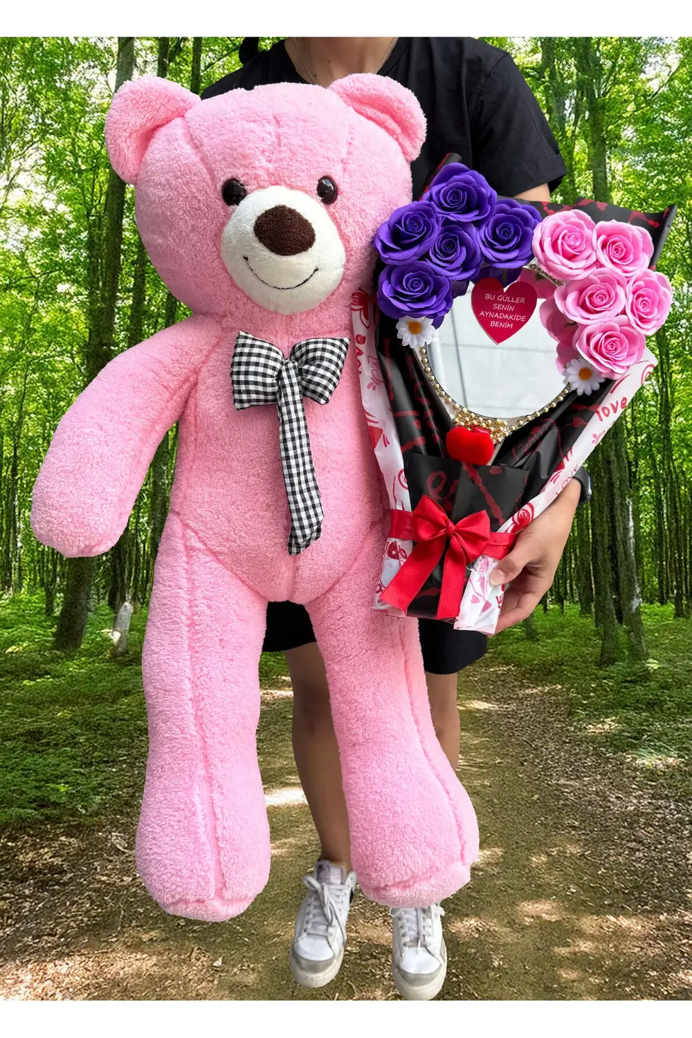 Doğum Günü Hediyesi - Aynalı Çiçek Buketi ve 90cm Pembe Ayıcık -