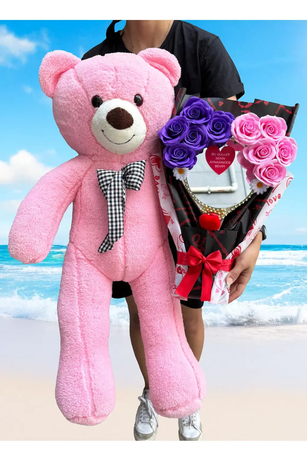 Doğum Günü Hediyesi - Aynalı Çiçek Buketi ve 90cm Pembe Ayıcık -