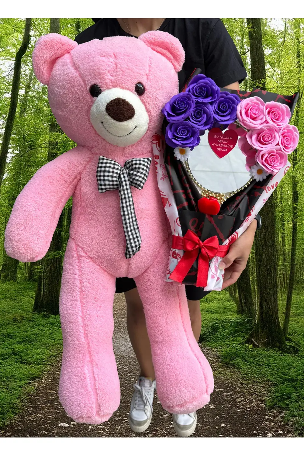 Doğum Günü Hediyesi - Aynalı Çiçek Buketi ve 90cm Pembe Ayıcık -
