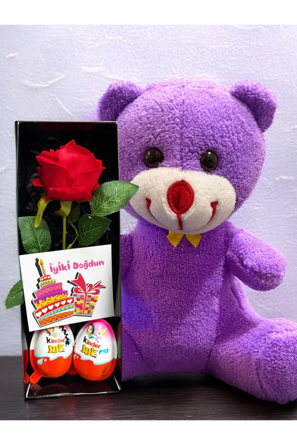 Dogum Gunu Hediyesi Kiza 25cm Mor Ayıcık Kırmızı Gül ve Kinder Jo