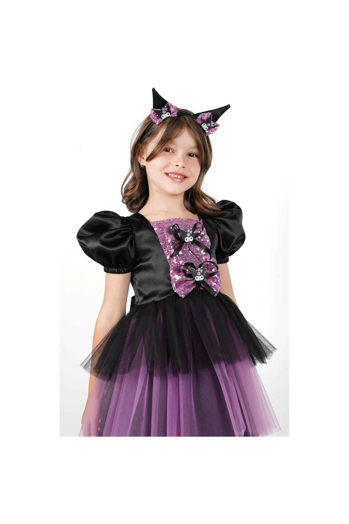 Doğum Günü Kostüm Elbisesi, Saten ve Tül, Siyah Mor, Pullu Süslemeler, Balon Kol, Taç Hediye
