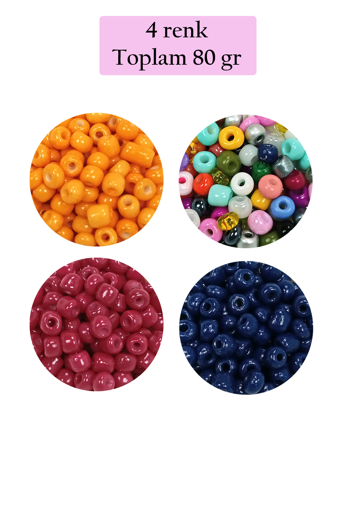 Dökme Cam Kum Boncuk Büyük Boy (6/0) 4 mm - 4 Renk - Toplam 80 Gr