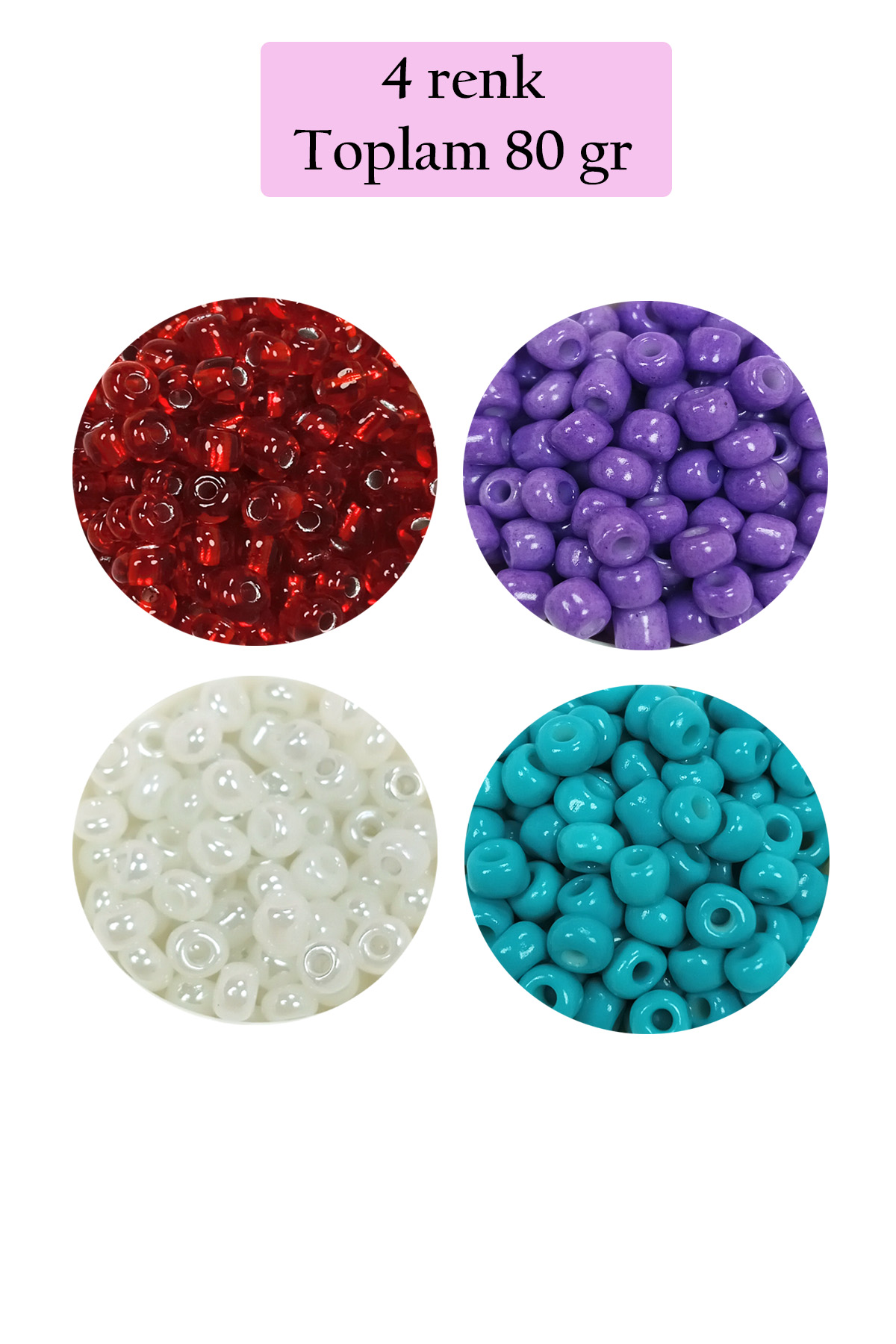 Dökme Cam Kum Boncuk Büyük Boy (6/0) 4 mm - 4 Renk - Toplam 80 Gr