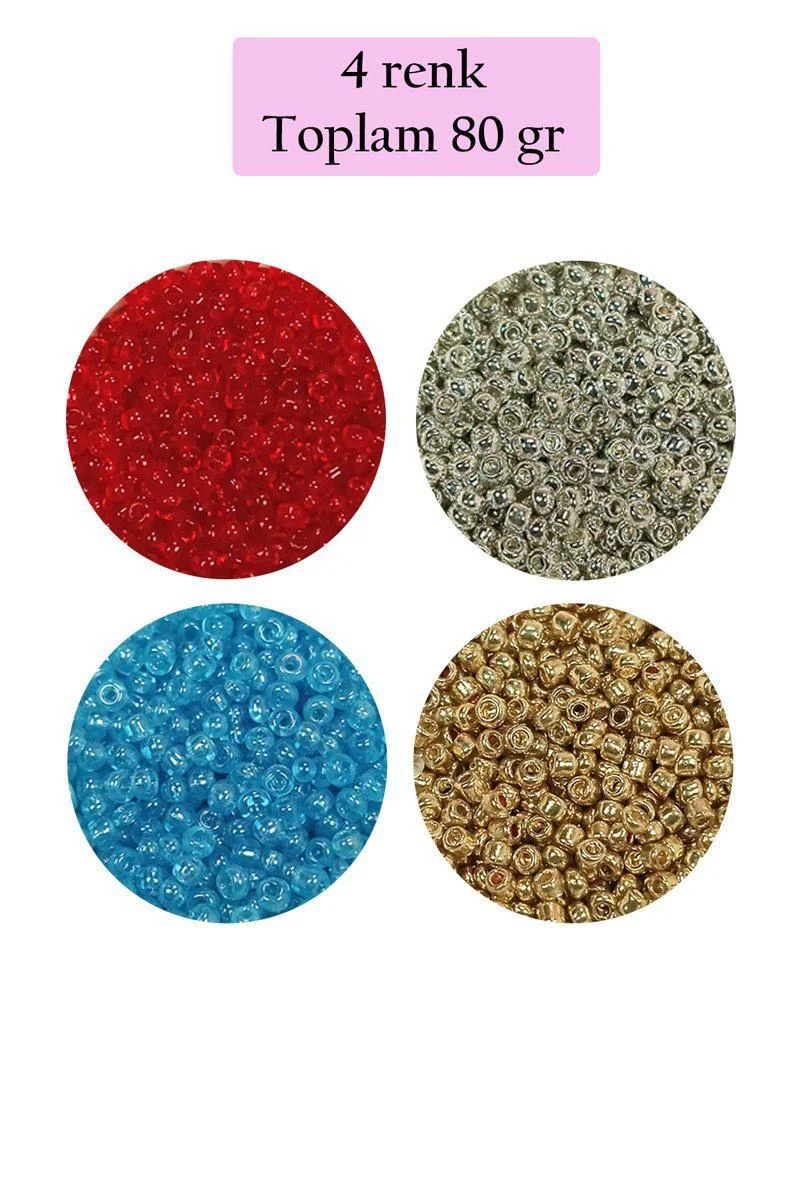 Dökme Cam Kum Boncuk (11/0) 2 mm – 4 Renk 80g Set – Şeffaf Kırmızı, Gümüş, Camgöbeği, Altın