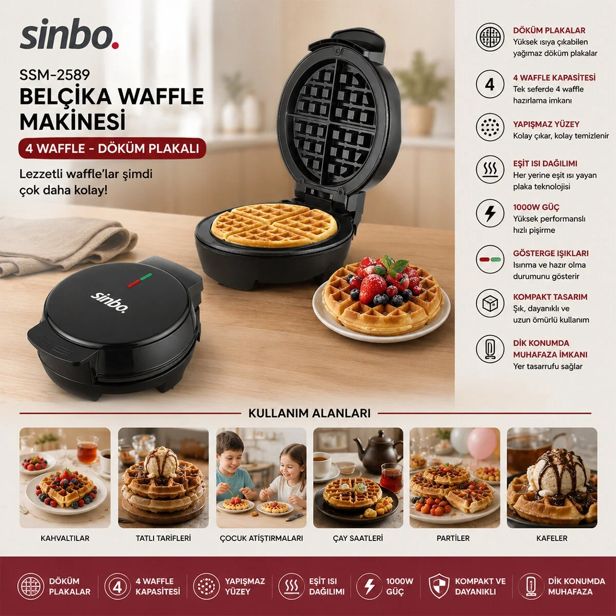 Döküm  Belçika Waffle Makinesi  Elektrikli   4 Waffle   Yapışmaz Yüzey   1000w  Ssm-2589 Bx40
