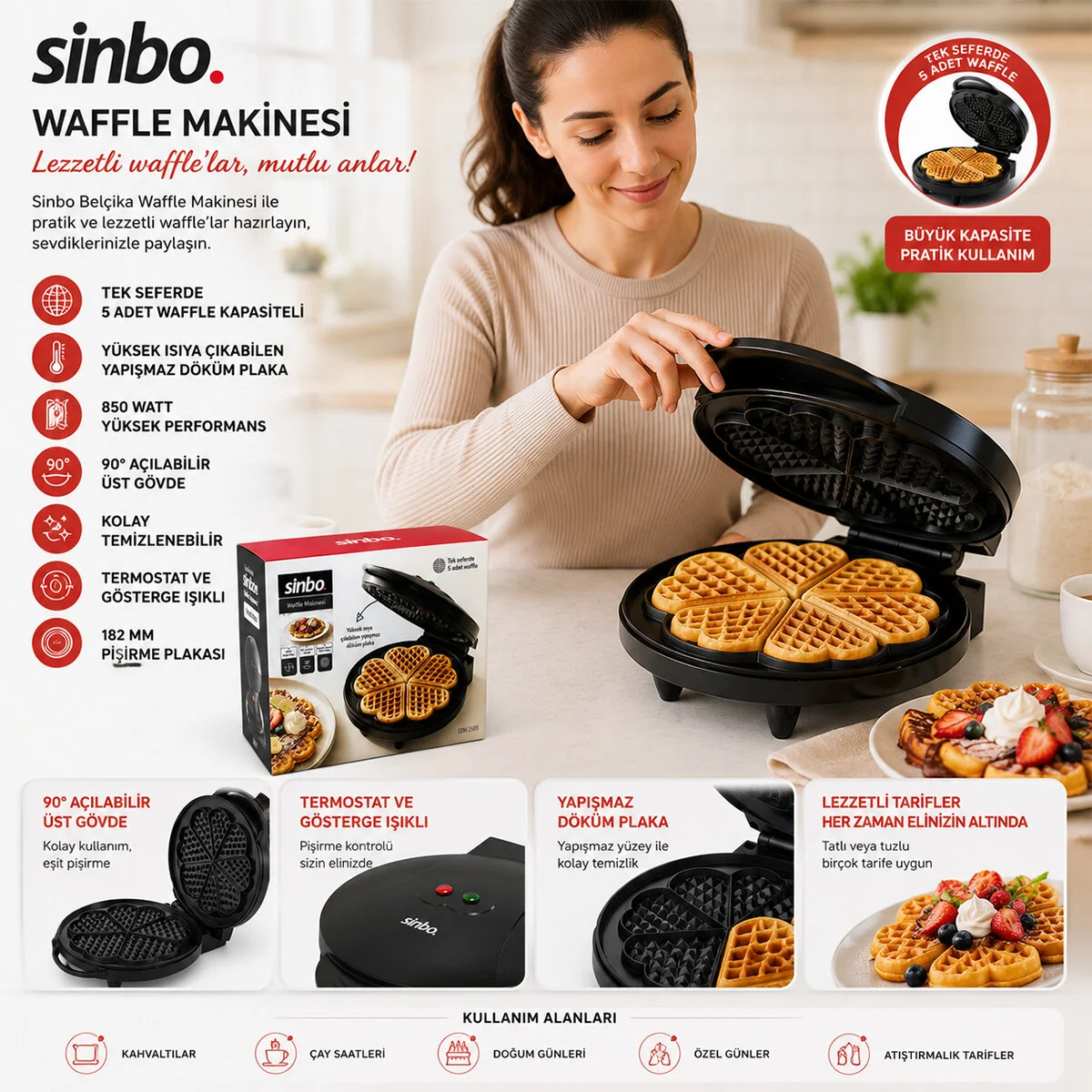 Döküm Belçika Waffle Makinesi Elektrikli 5 Waffle Yapışmaz Yüzey 850W SSM-2595 Döküm Belçika Waffle Makinesi Elektrikli 5 Waffle Yapışmaz Yüzey 850W SSM-2595