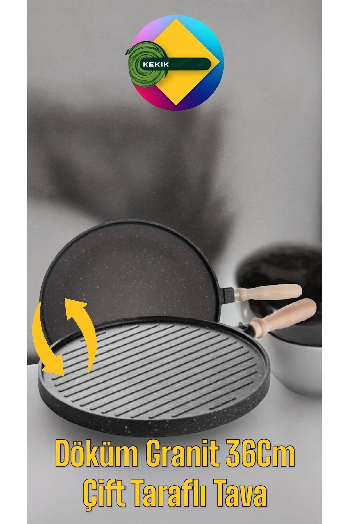 Kekikdükkan Döküm Granit 36Cm Çift Tarafli Et&Balik İzgara Tava