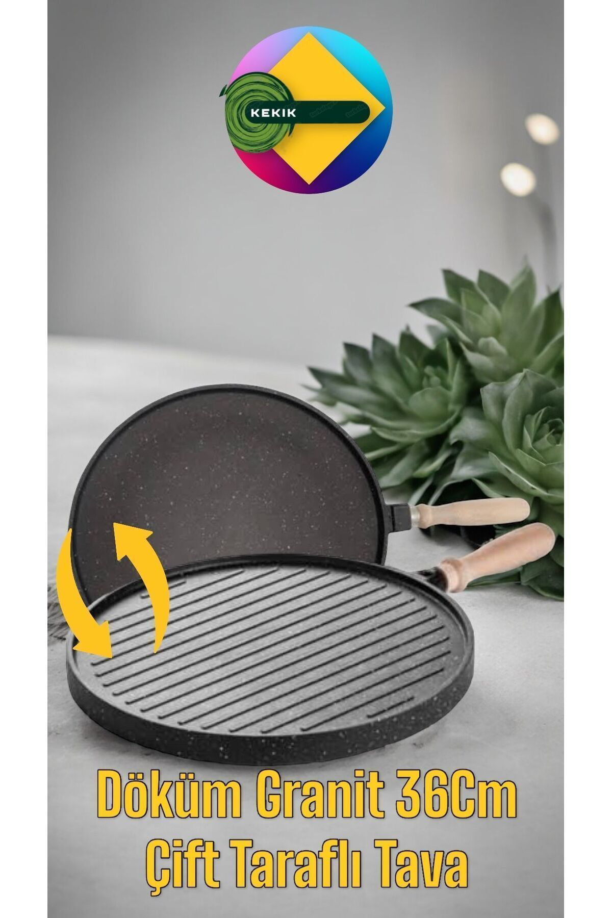 Kekikdükkan Döküm Granit 36Cm Çift Tarafli Et&Balik İzgara Tava