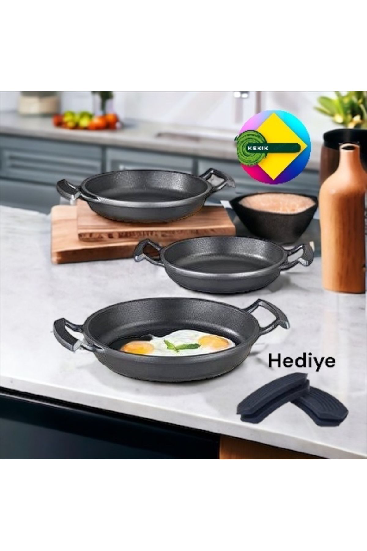 Döküm Granit 3’lü Sahan Seti Slikon Tutacak Hediyeli