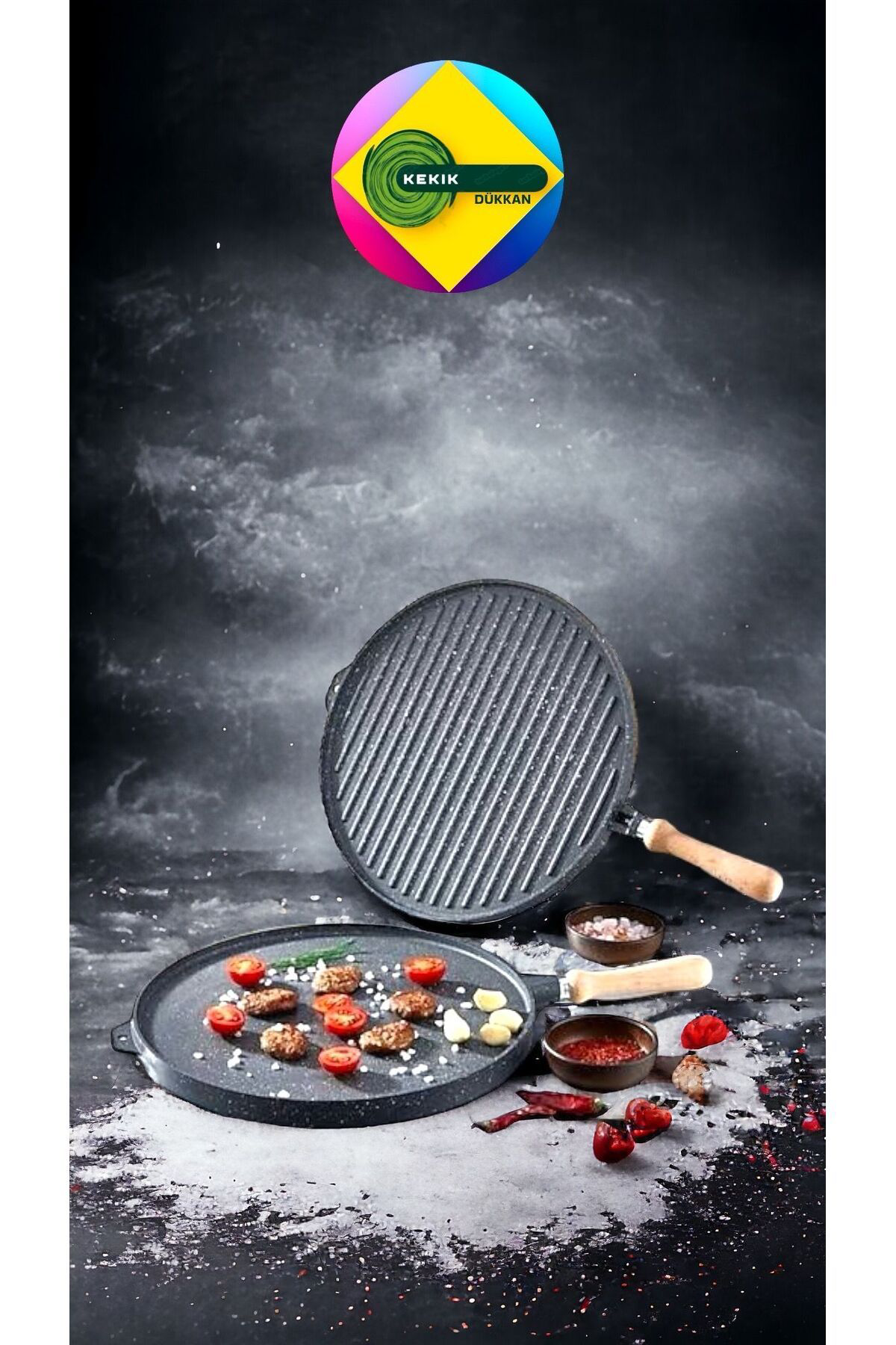 Kekikdükkan Döküm Granit Çift Taraflı Gözleme&Bazlama Tavası 36Cm