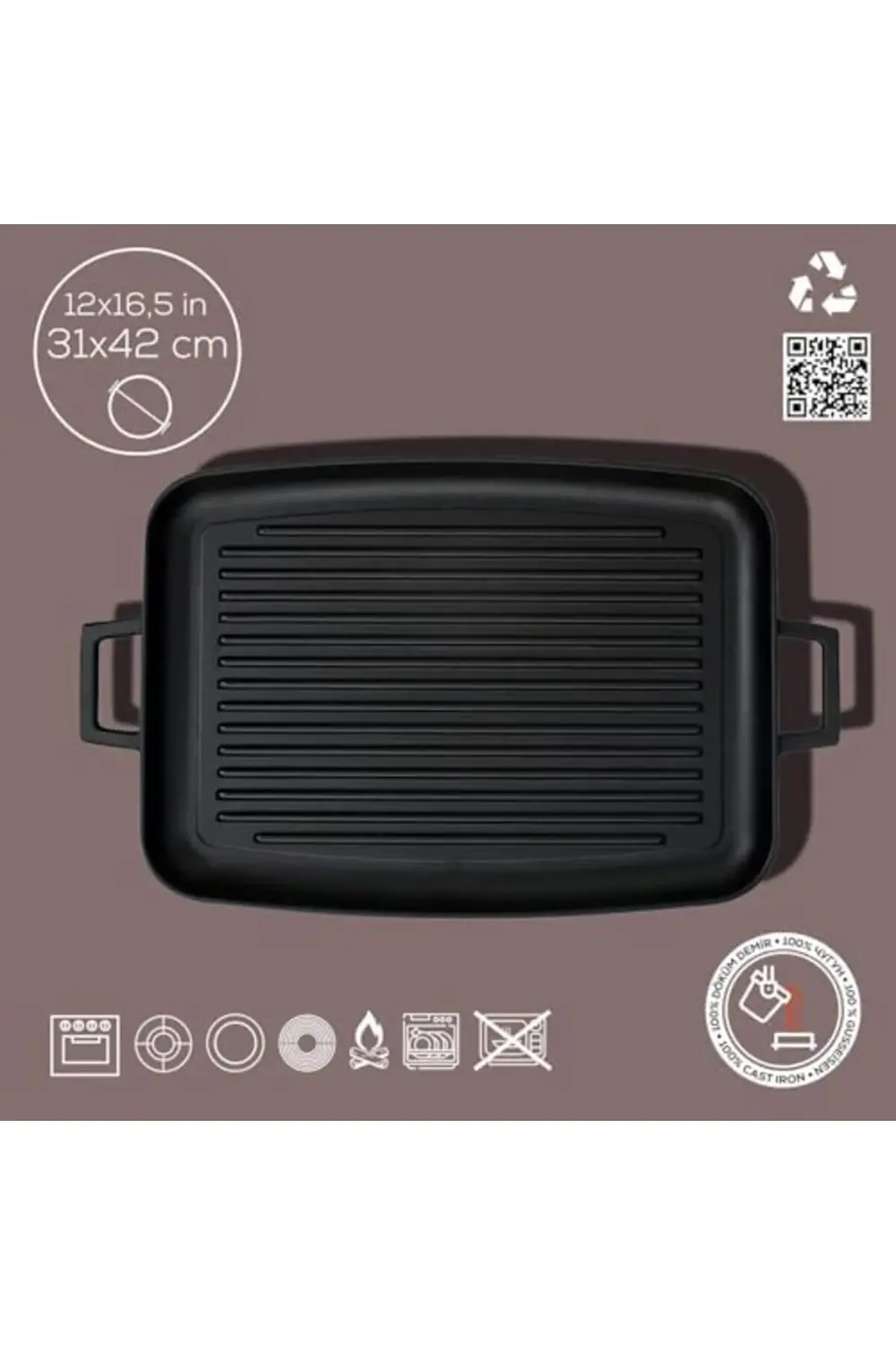 Döküm Grill Tepsi, Izgara yüzeyli, Metal Kulplu, 31x42cm 395519