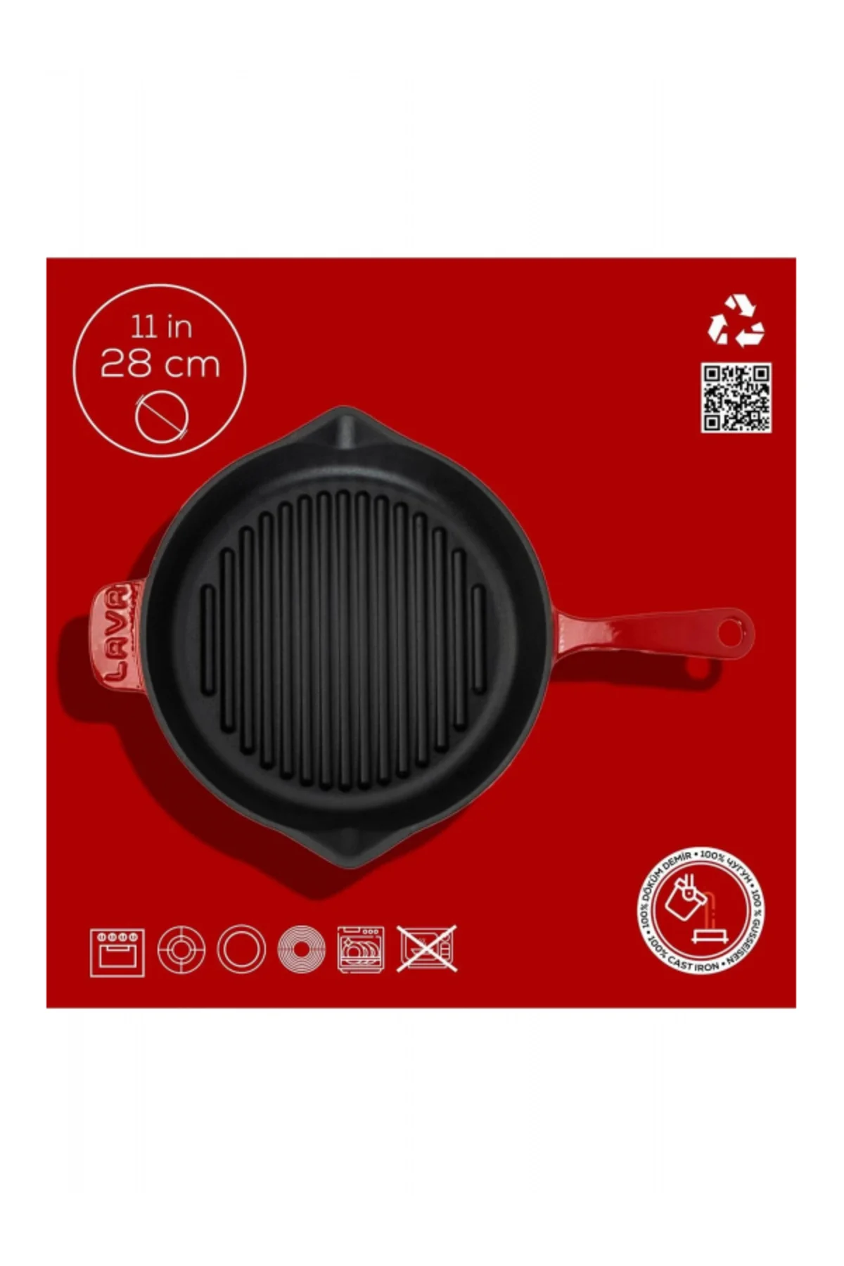 Döküm Yuvarlak Izgara Tava Döküm Demir Yekpare Saplı Çap(Ø)28cm.