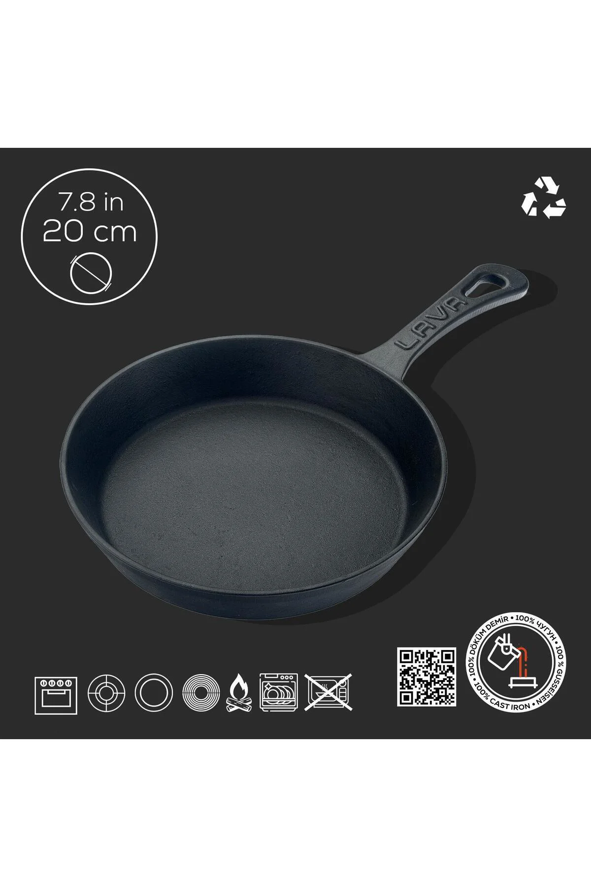 Döküm Yuvarlak Kızartma Tavası Yekpare Saplı. Çap(Ø)20cm.
