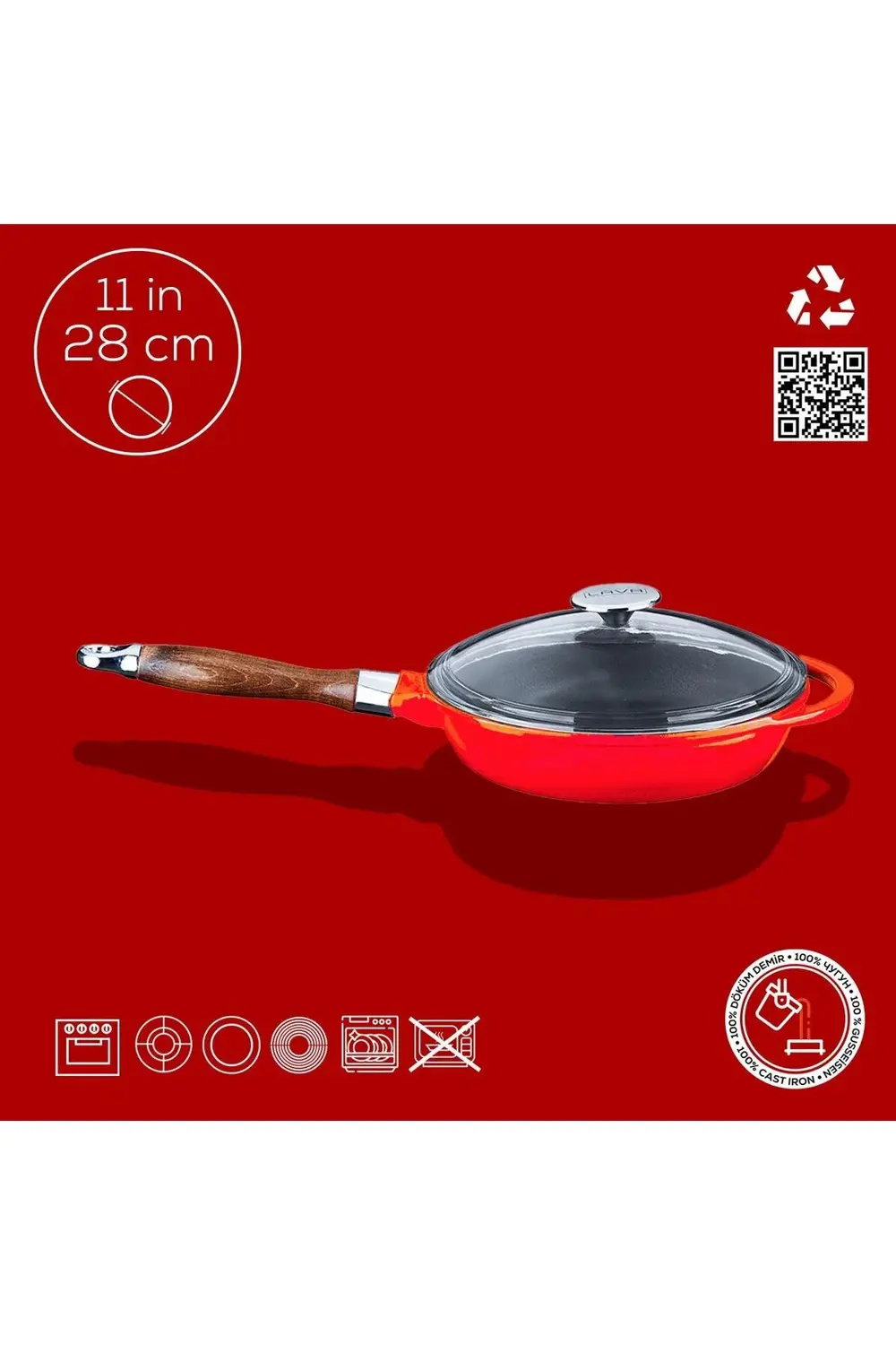 Döküm Yuvarlak Kızartma Tavası Cam Kapaklı Döküm Demir Sök - Tak