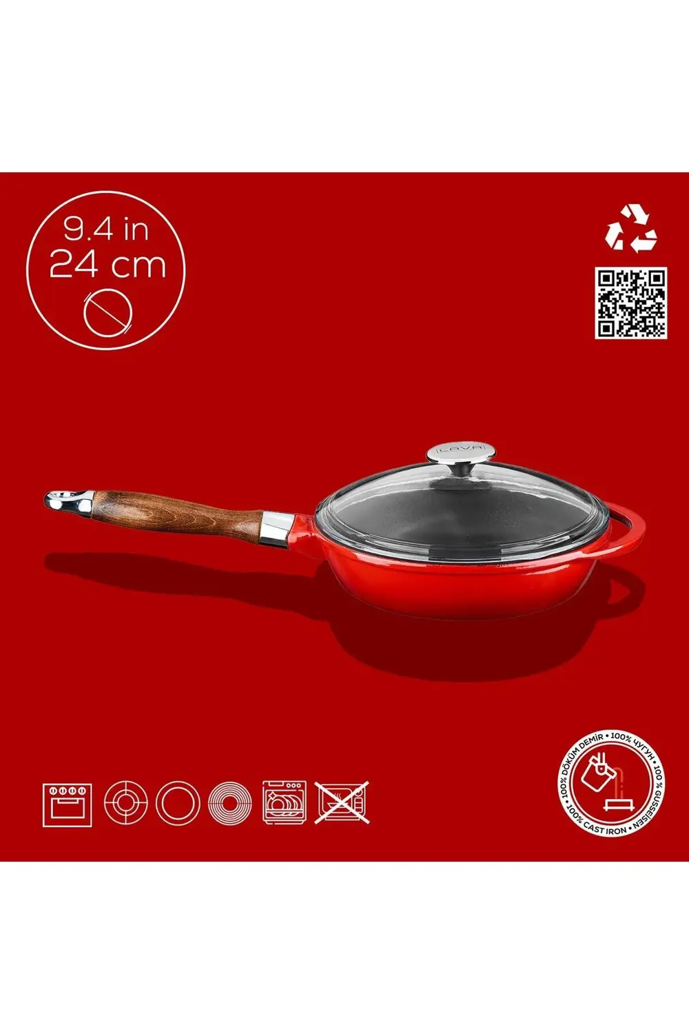 Döküm Yuvarlak Kızartma Tavası Cam Kapaklı Döküm Demir Sök - Tak