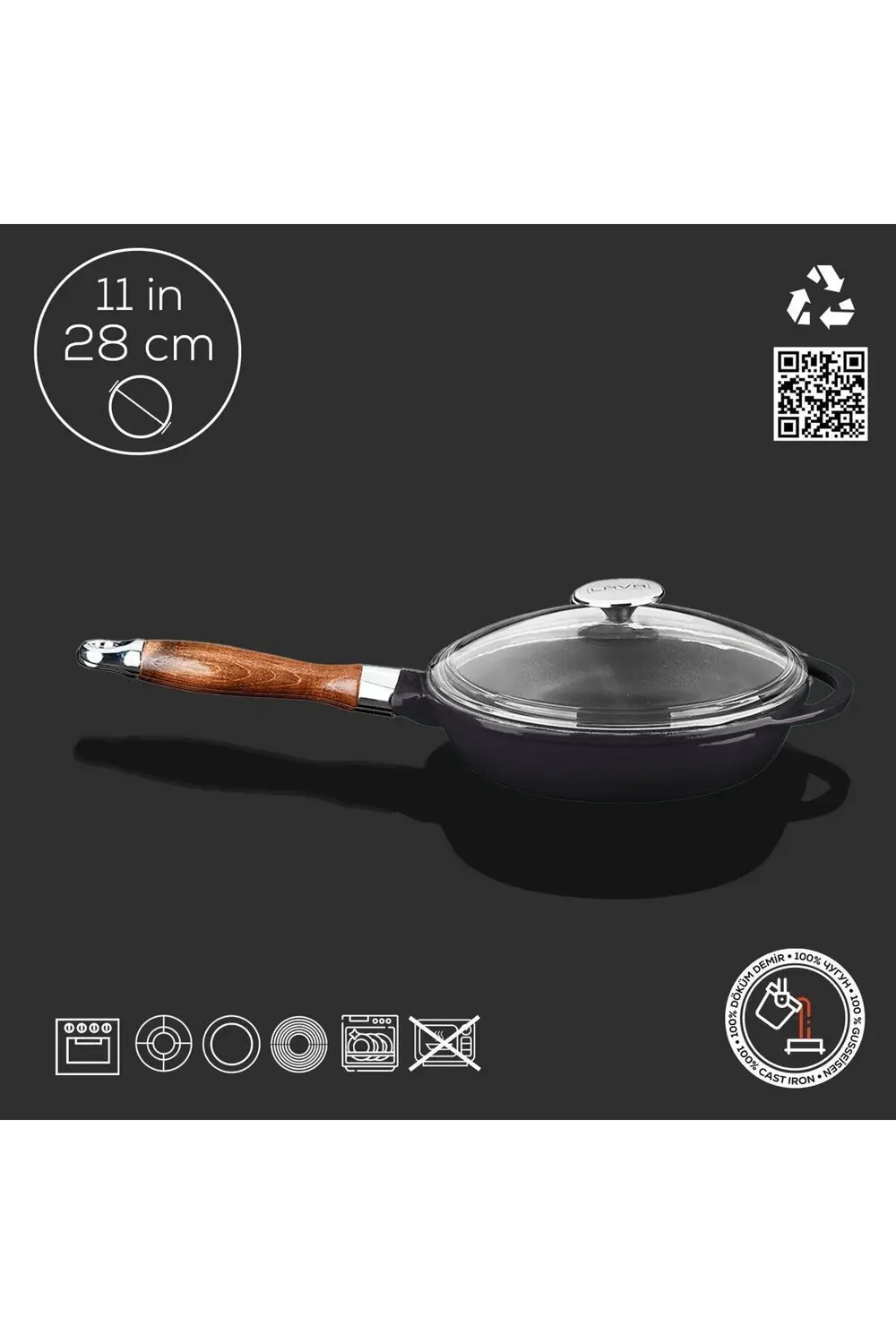 Döküm Yuvarlak Kızartma Tavası Cam Kapaklı Döküm Demir Sök - Tak