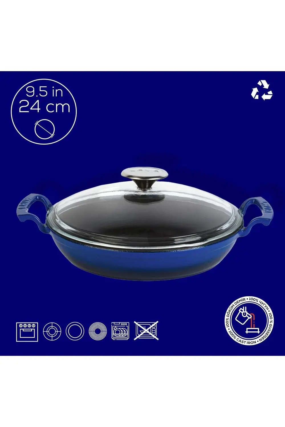 Döküm Yuvarlak Sahan Cam Kapaklı Döküm Demir Yekpare Çift Kulplu