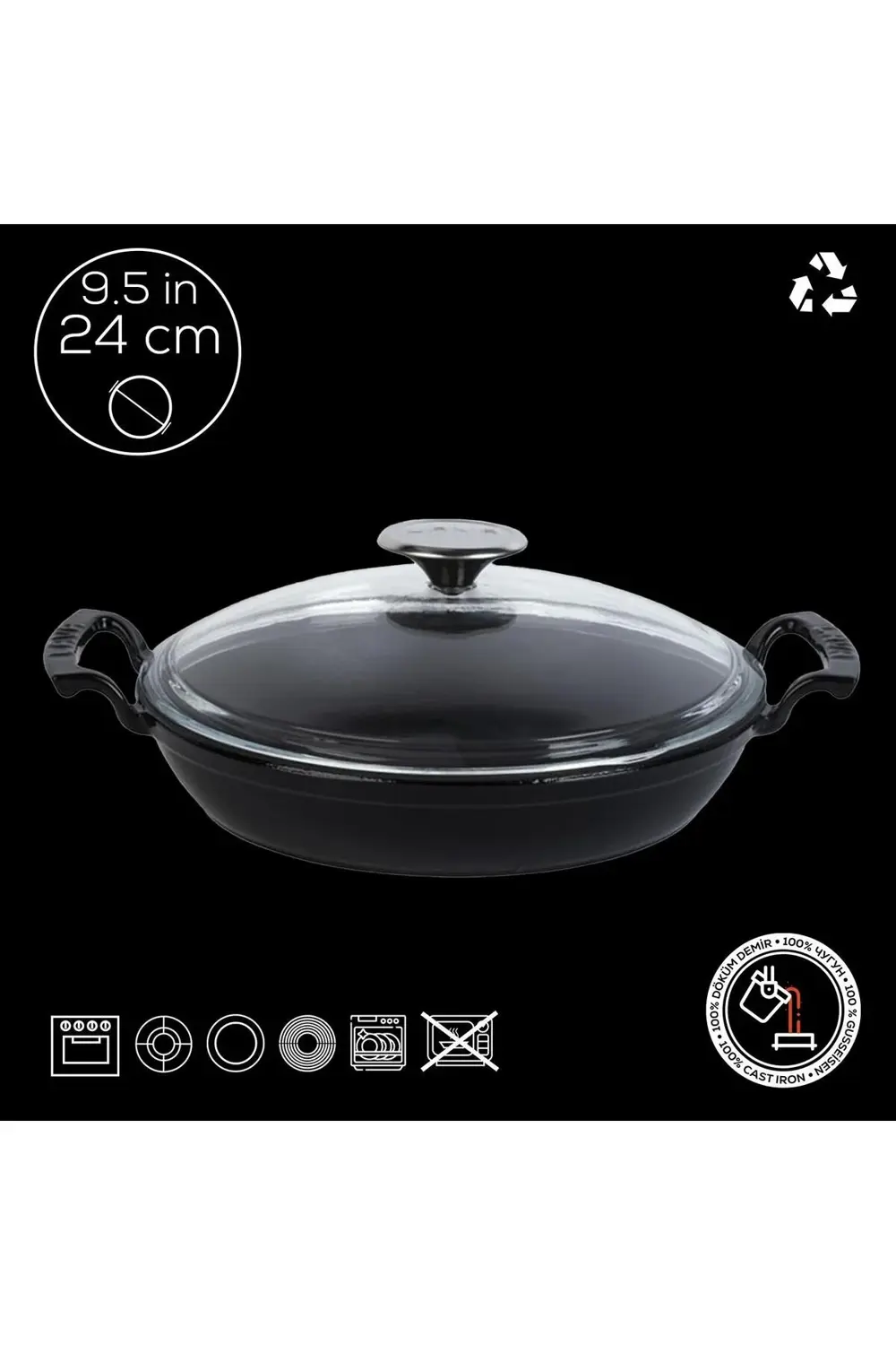 Döküm Yuvarlak Sahan Cam Kapaklı Döküm Demir Yekpare Çift Kulplu