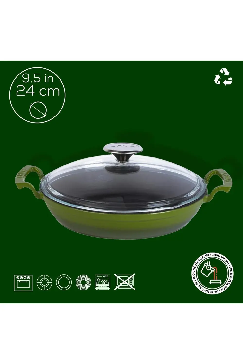 Döküm Yuvarlak Sahan Cam Kapaklı Döküm Demir Yekpare Çift Kulplu