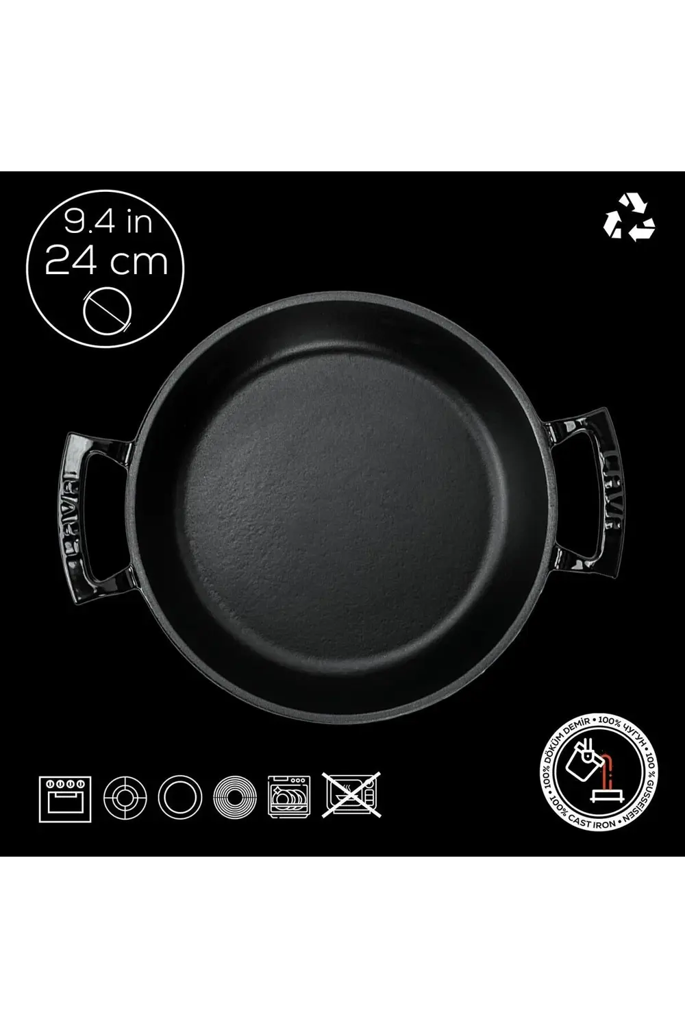 Döküm Yuvarlak Sahan Döküm Demir Yekpare Çift Kulplu Çap(Ø)24cm.