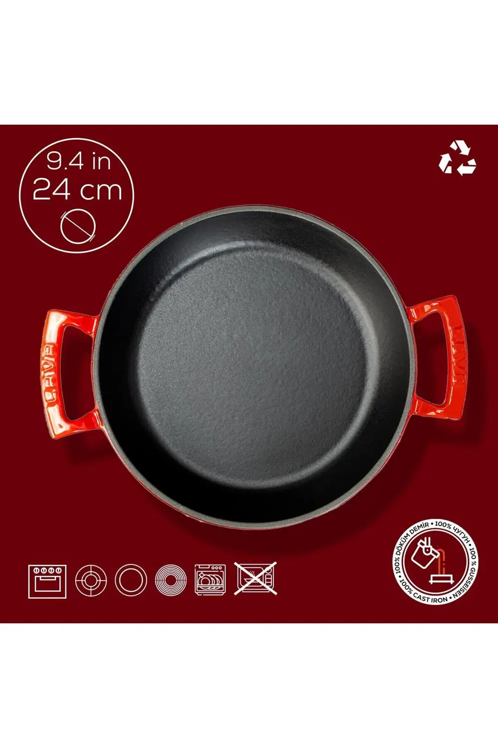 Döküm Yuvarlak Sahan Döküm Demir Yekpare Çift Kulplu Çap(Ø)24cm.