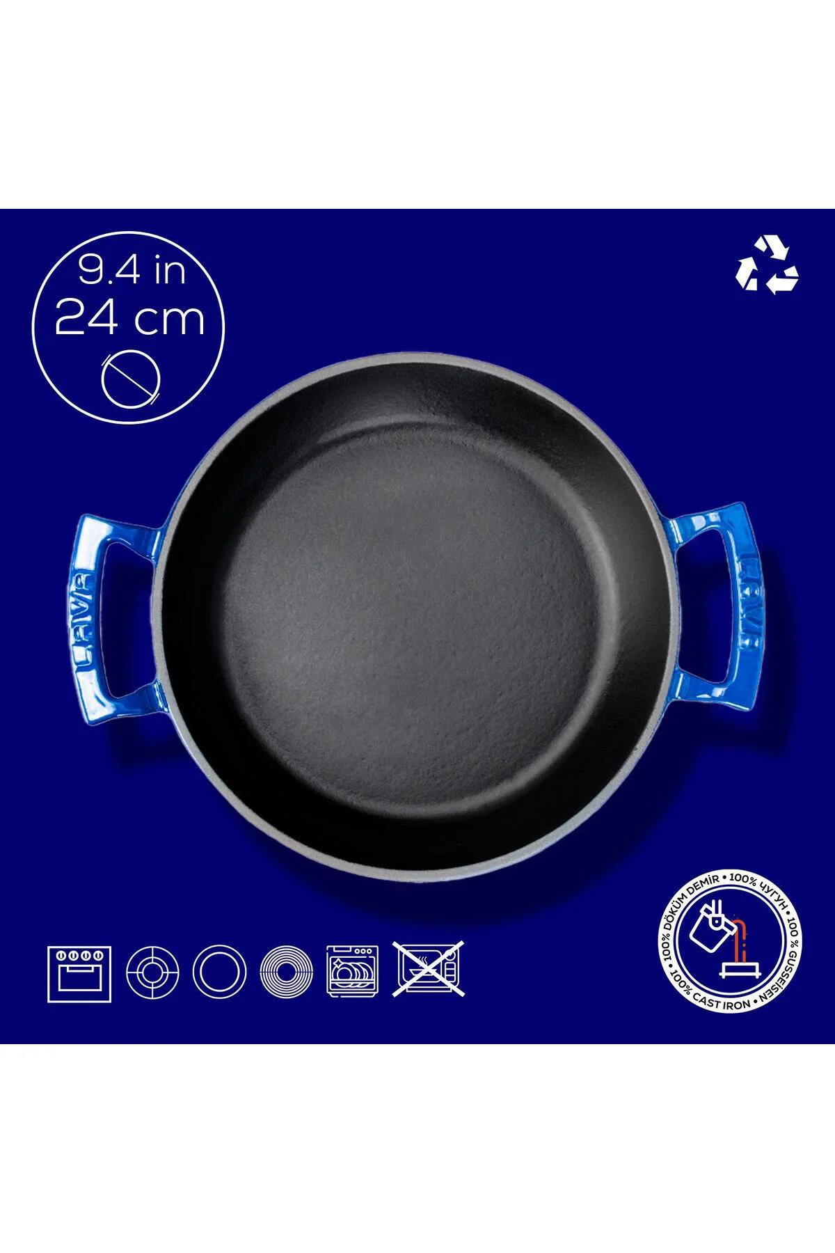 Döküm Yuvarlak Sahan Döküm Demir Yekpare Çift Kulplu Çap(Ø)24cm.