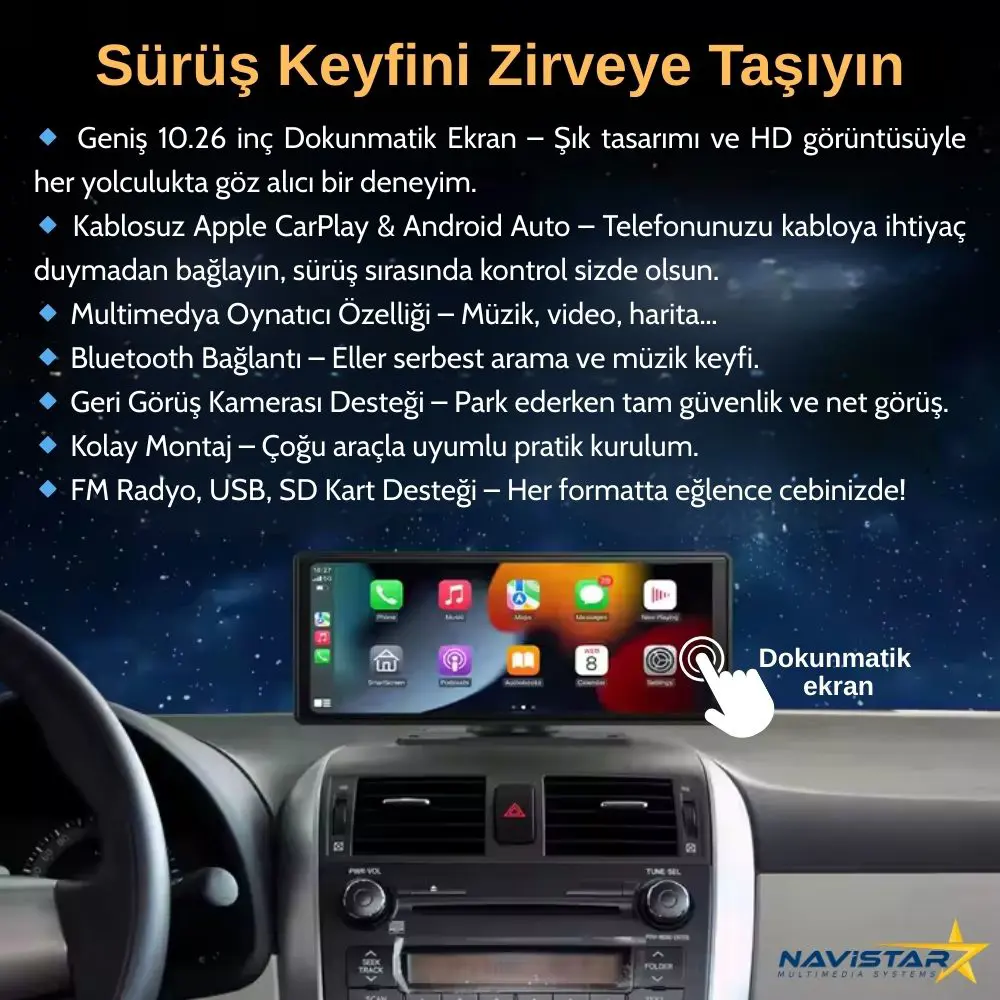 Dokunmatik 10.26 inç 4K+1080P Çift Kameralı Kablosuz Carplay Wifi