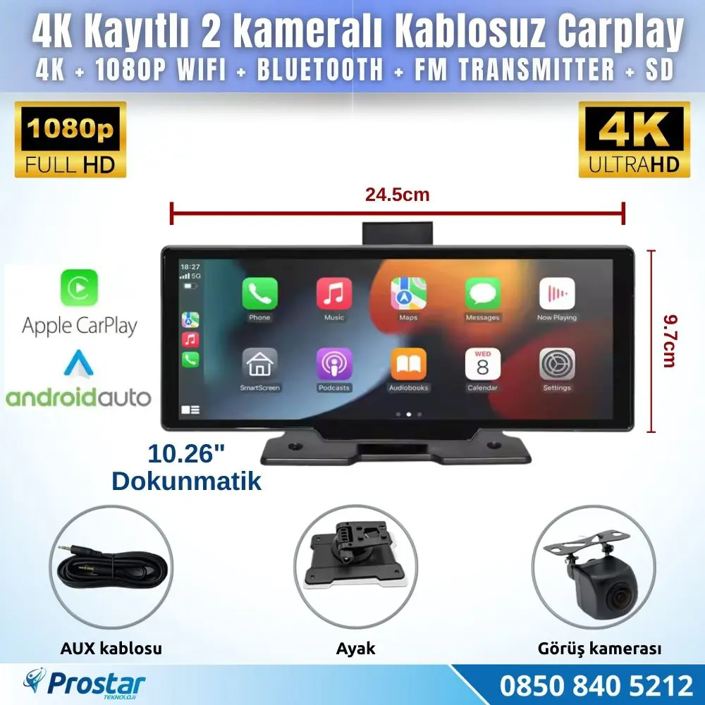 Dokunmatik 10.26 inç 4K+1080P Çift Kameralı Kablosuz Carplay Wifi