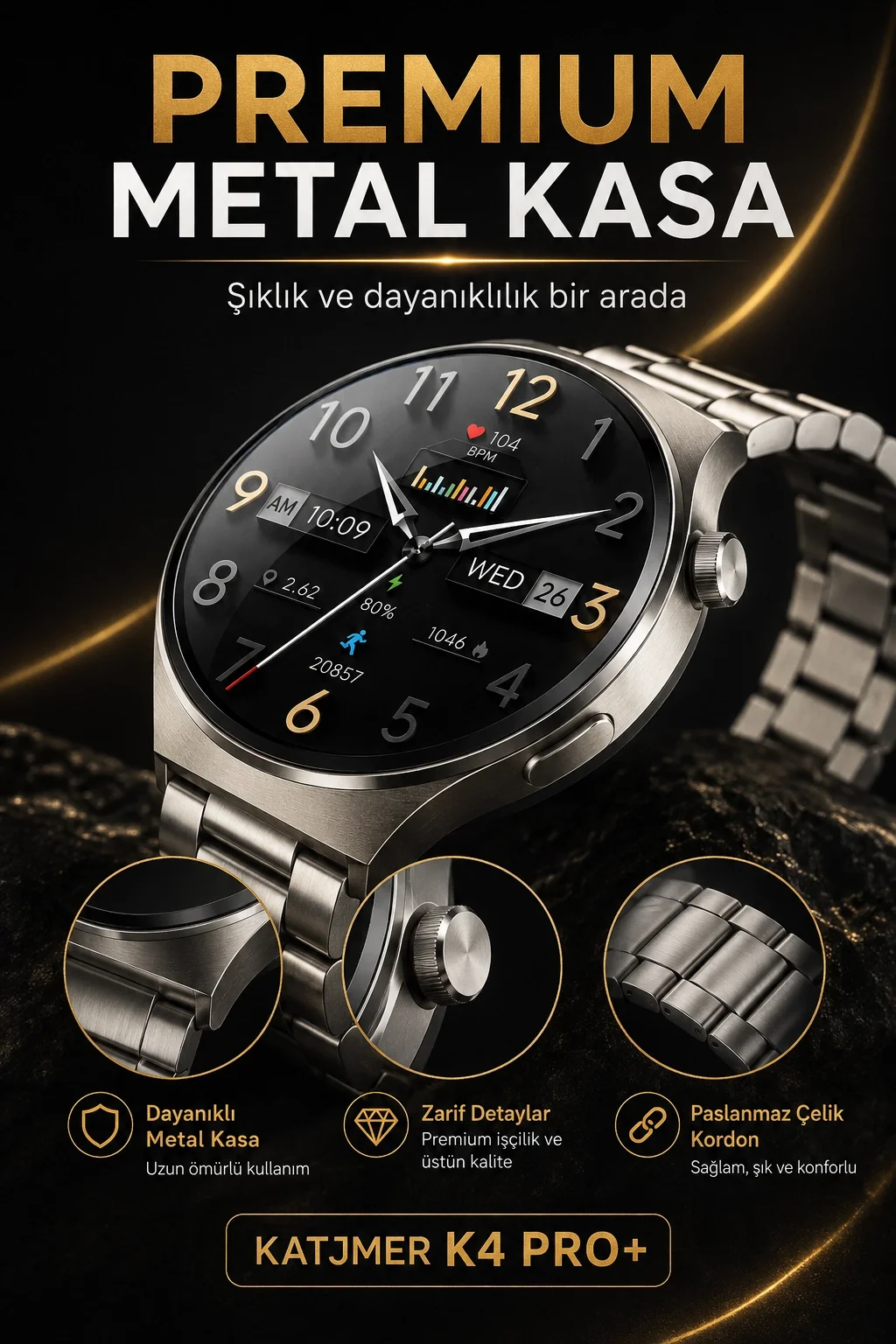 Dokunmatik AMOLED Ekranlı Akıllı Saat Çelik Kordon Ve Ek Kayışlı Şık Tasarım