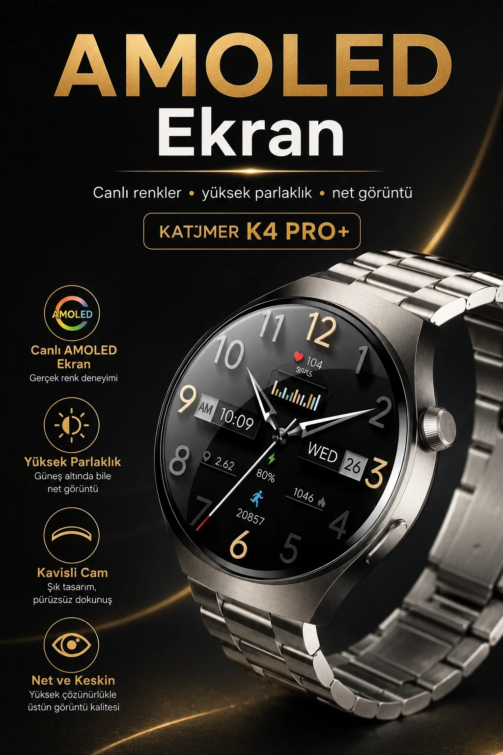 Dokunmatik AMOLED Ekranlı Akıllı Saat Çelik Kordon Ve Ek Kayışlı Şık Tasarım