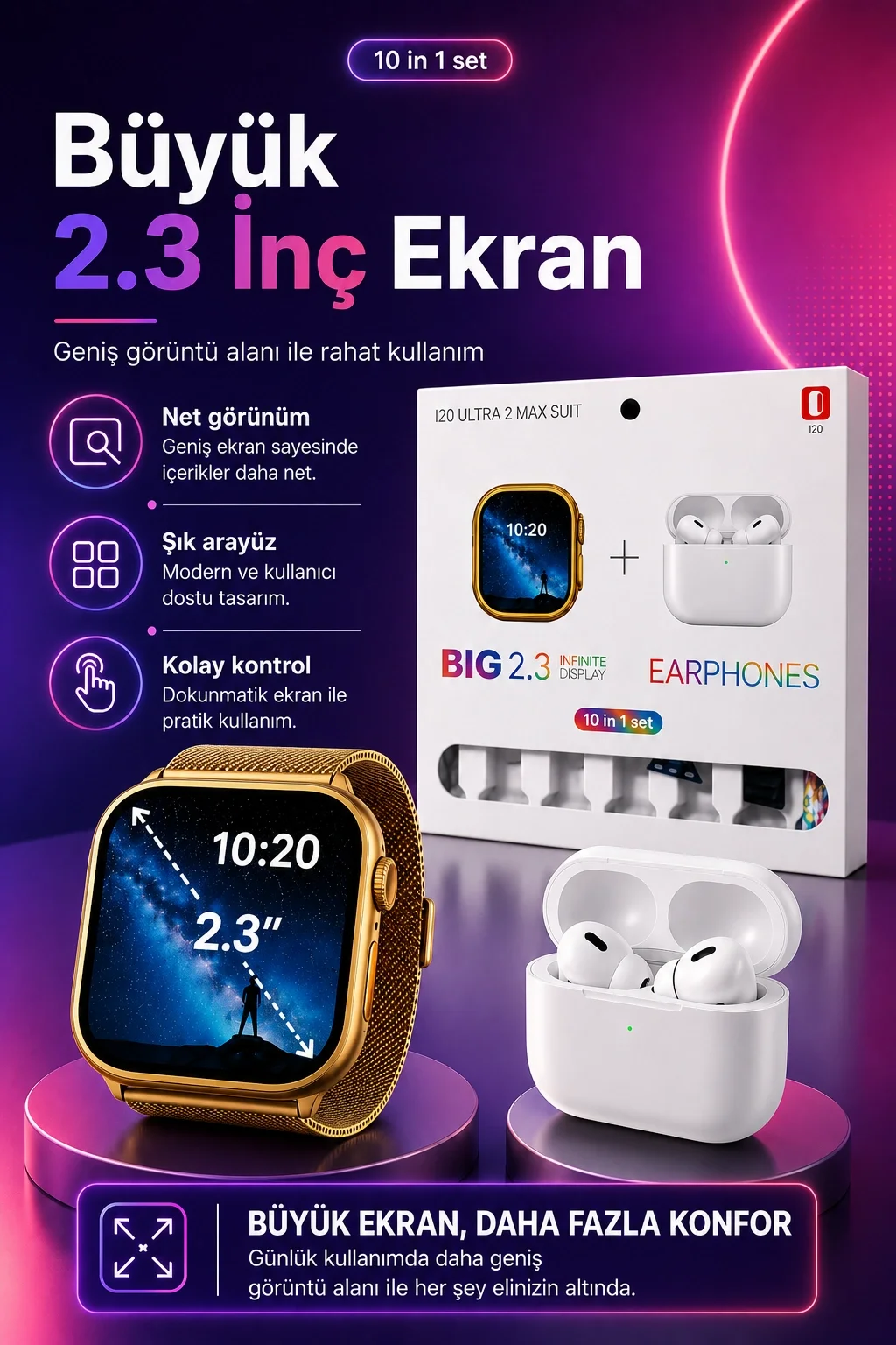 Dokunmatik Ekranlı Akıllı Saat Kablosuz Kulaklık Ve Aksesuarlarıyla Tam Set
