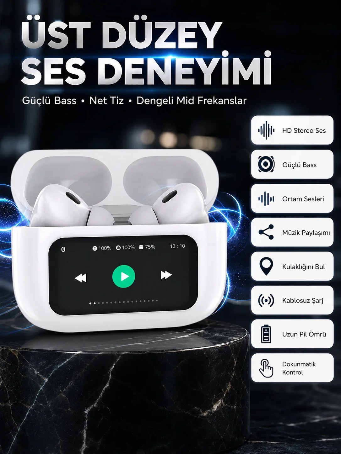 Dokunmatik Ekranlı Bluetooth Kulaklık TWS İOS Android Tüm Telefonlara Uyumlu Kulaklık Yeni Nesil Dokunmatik Ekranlı Bluetooth Kulaklık TWS İOS Android Tüm Telefonlara Uyumlu Kulaklık Yeni Nesil
