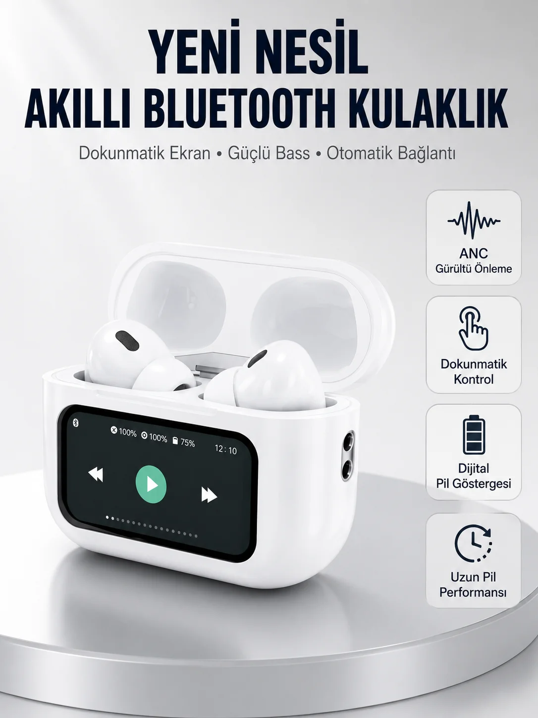 Dokunmatik Ekranlı Bluetooth Kulaklık ANC Gürültü Önleme Suya Dayanıklı Yeni Nesil