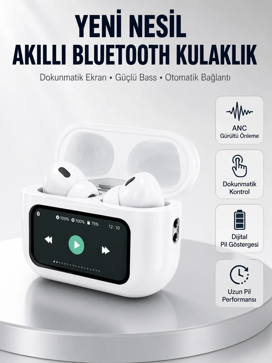 Dokunmatik Ekranlı Bluetooth Kulaklık ANC Gürültü Önleme Suya Dayanıklı Yeni Nesil
