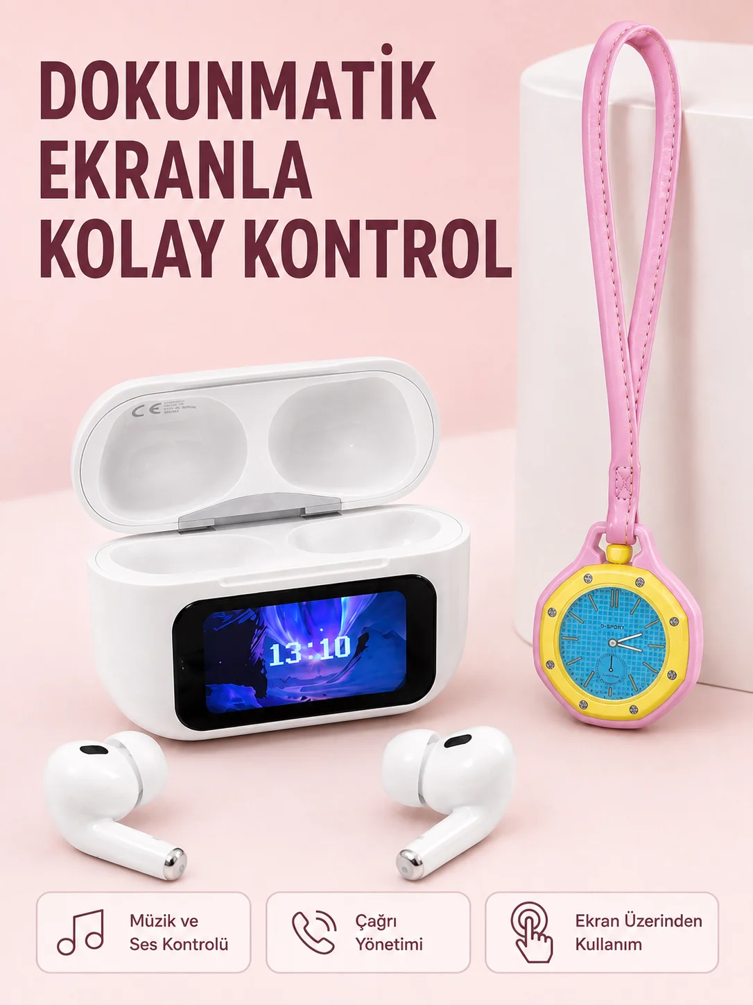 Dokunmatik Ekranlı Kablosuz Kulaklık ve Pembe Çanta Aksesuar Saati Avantajlı Set