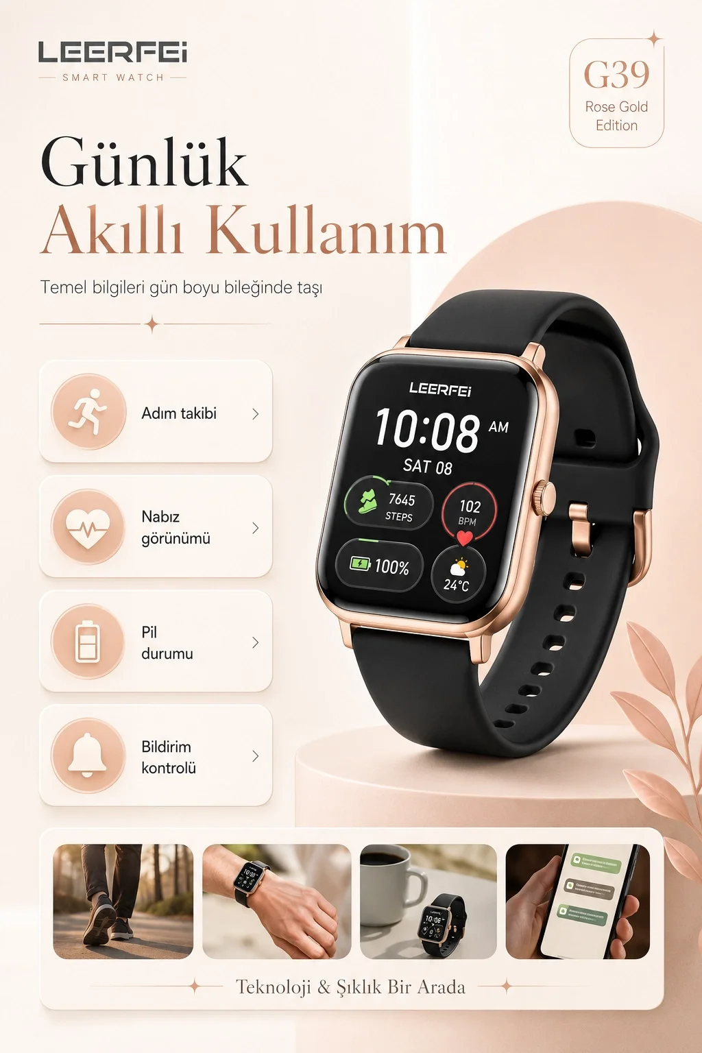 Dokunmatik Ekranlı Rose Gold Akıllı Saat Kablosuz Şarj Özellikli Günlük Kullanım