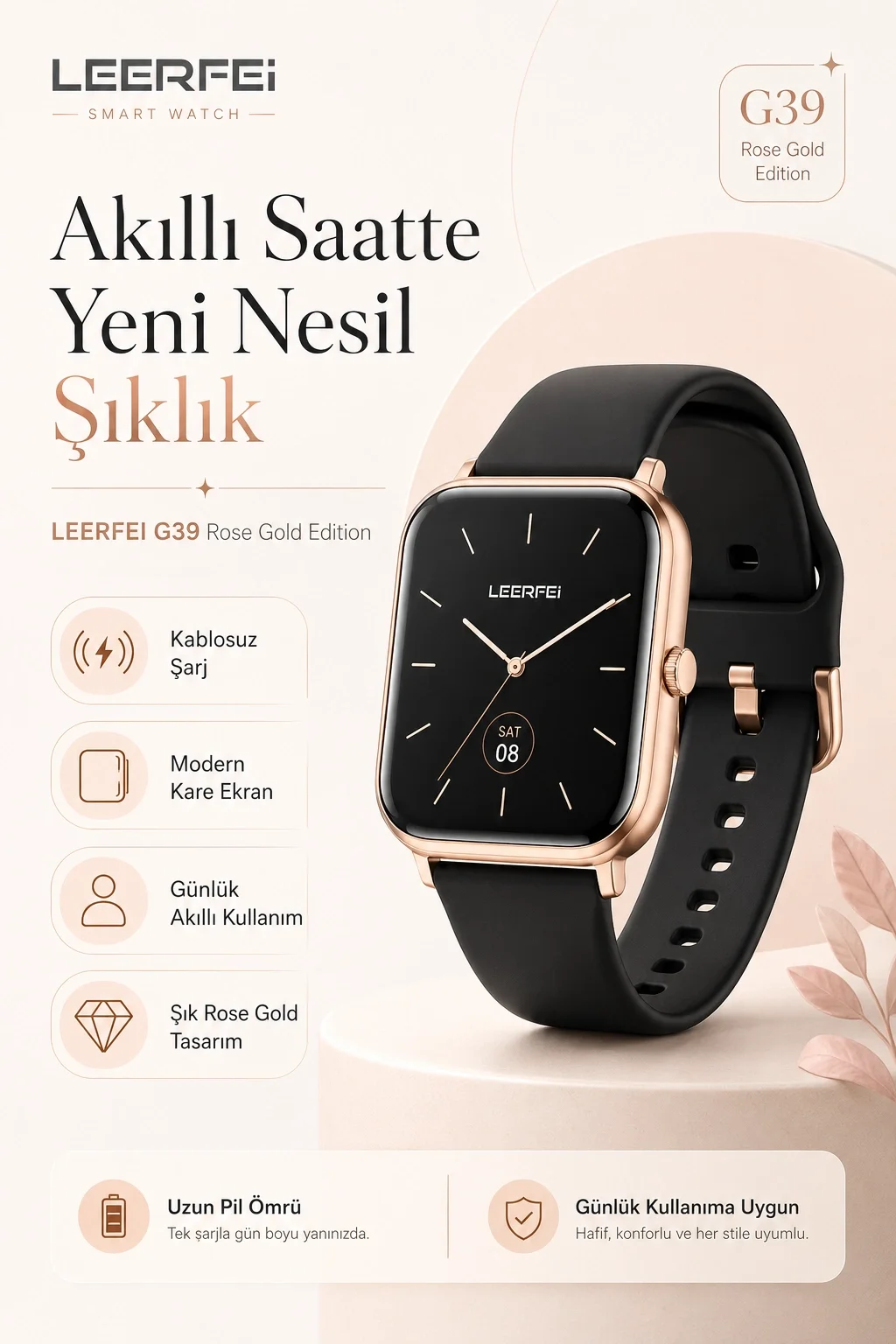 Dokunmatik Ekranlı Rose Gold Akıllı Saat Kablosuz Şarj Özellikli Günlük Kullanım