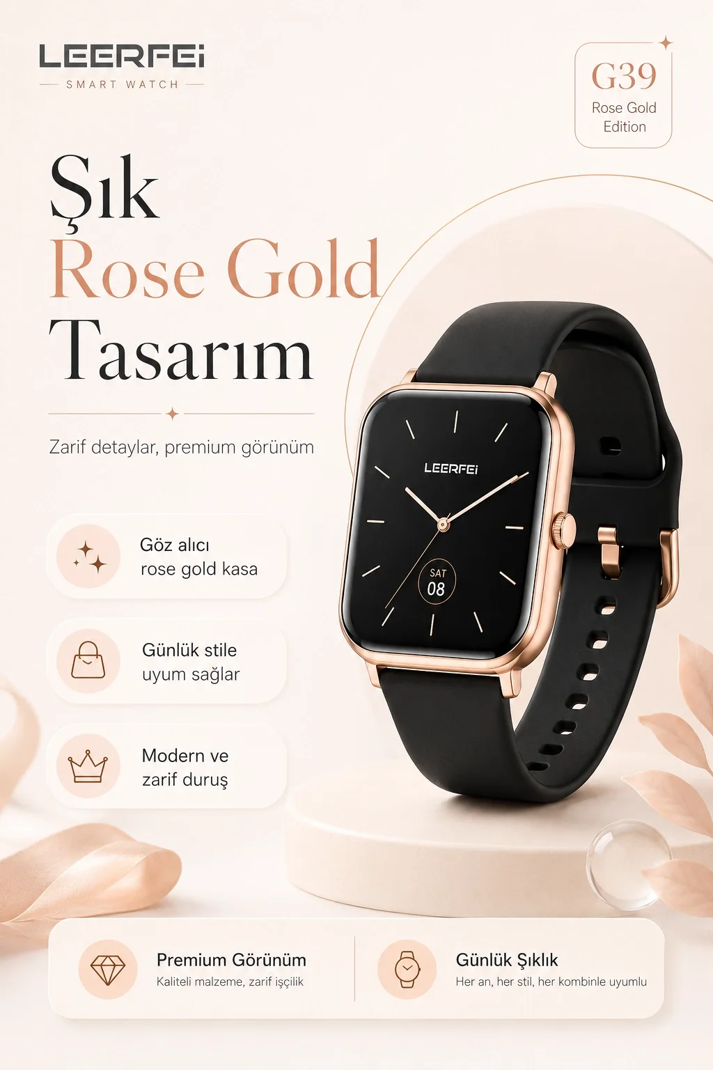 Dokunmatik Ekranlı Rose Gold Akıllı Saat Kablosuz Şarj Özellikli Günlük Kullanım