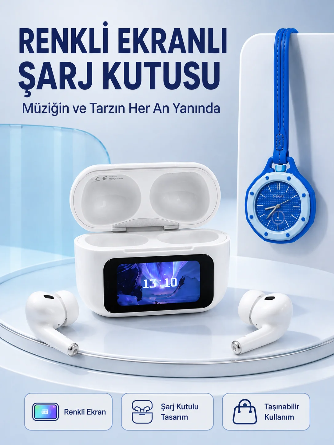 Dokunmatik Kablosuz Kulaklık + Mavi Askılı Analog Charm Saat İkili Set