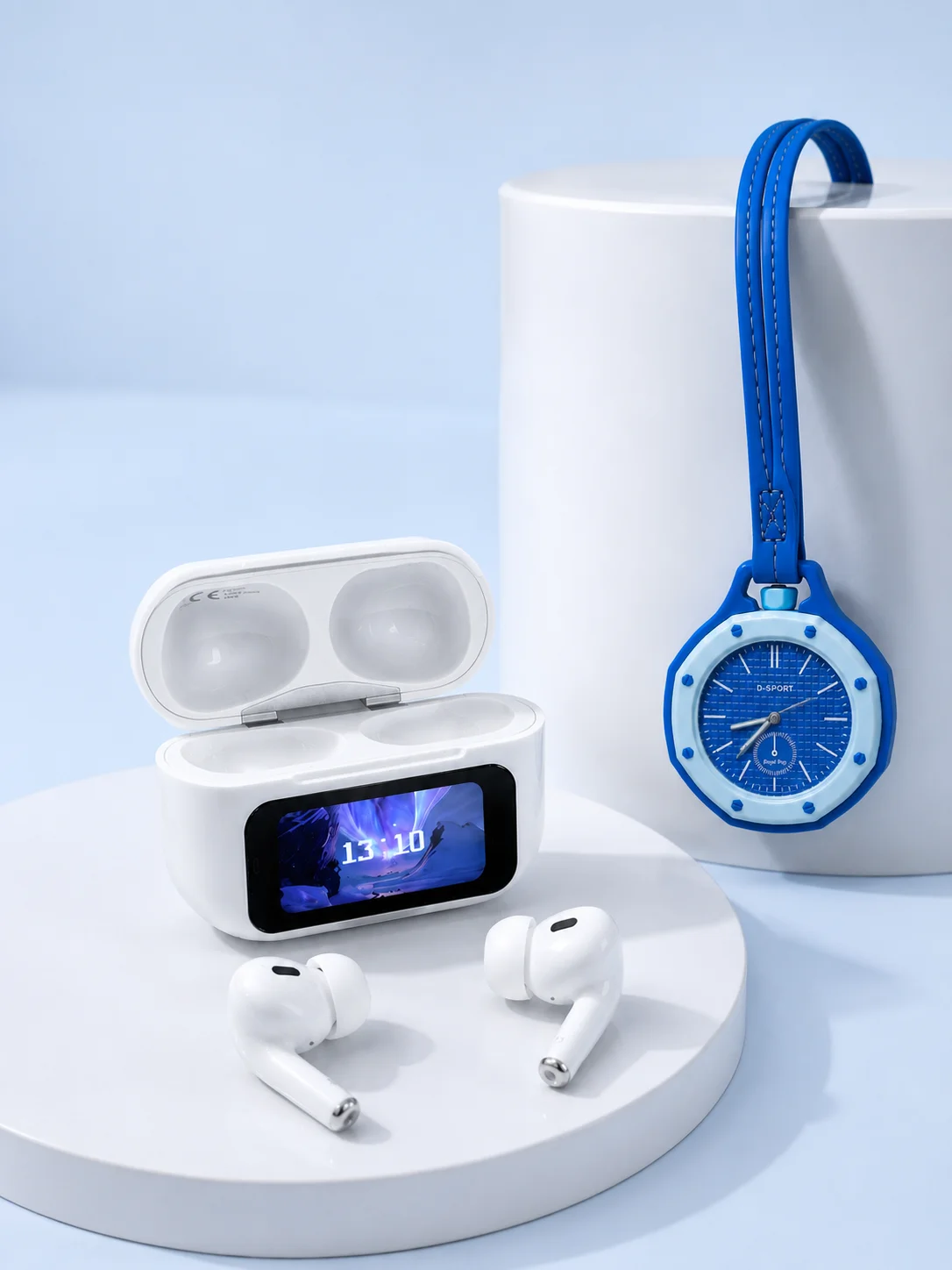 Dokunmatik Kablosuz Kulaklık + Mavi Askılı Analog Charm Saat İkili Set