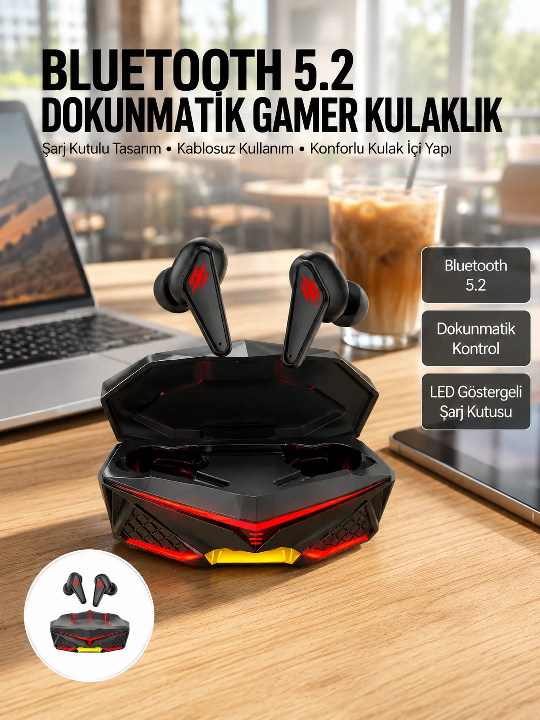Dokunmatik Kontrol Tws Işıklı Kulakiçi Bluetooth Kulaklık Kablosuz Oyuncu Kulaklığı Yeni Nesil