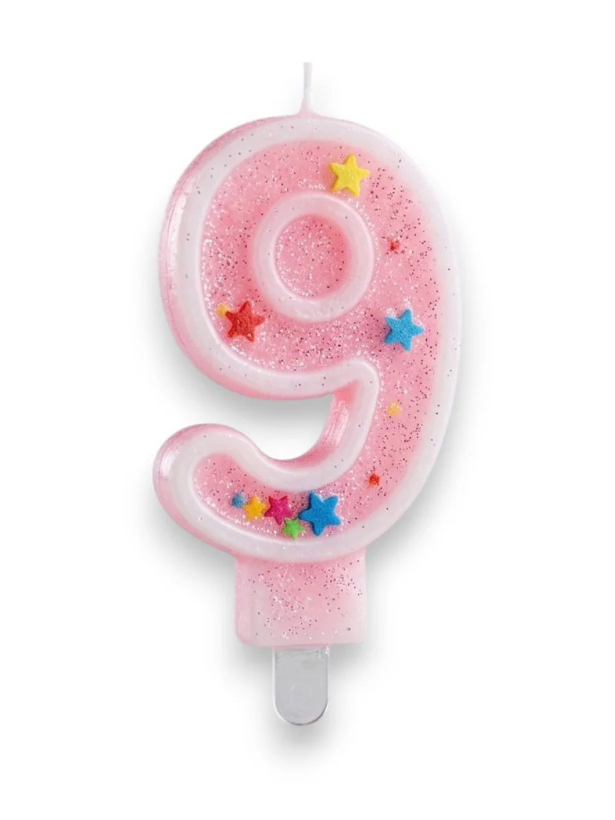Dokuz Rakamlı Pembe Mum Doğum Günü Pasta Mumu ( 7X3) cm - Sayılı 