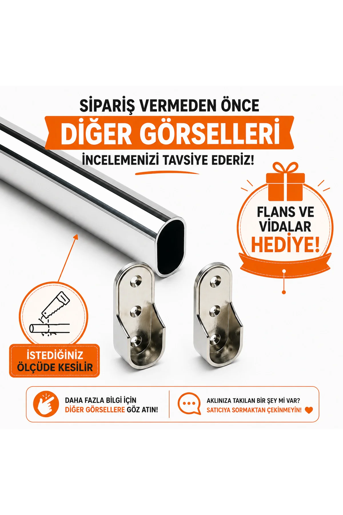 Dolap İçi Askılık Borusu Krom Elbise Askı Borusu | İstenilen Ölçüde Kesim | Flanş ve Vidalar Hediyeli